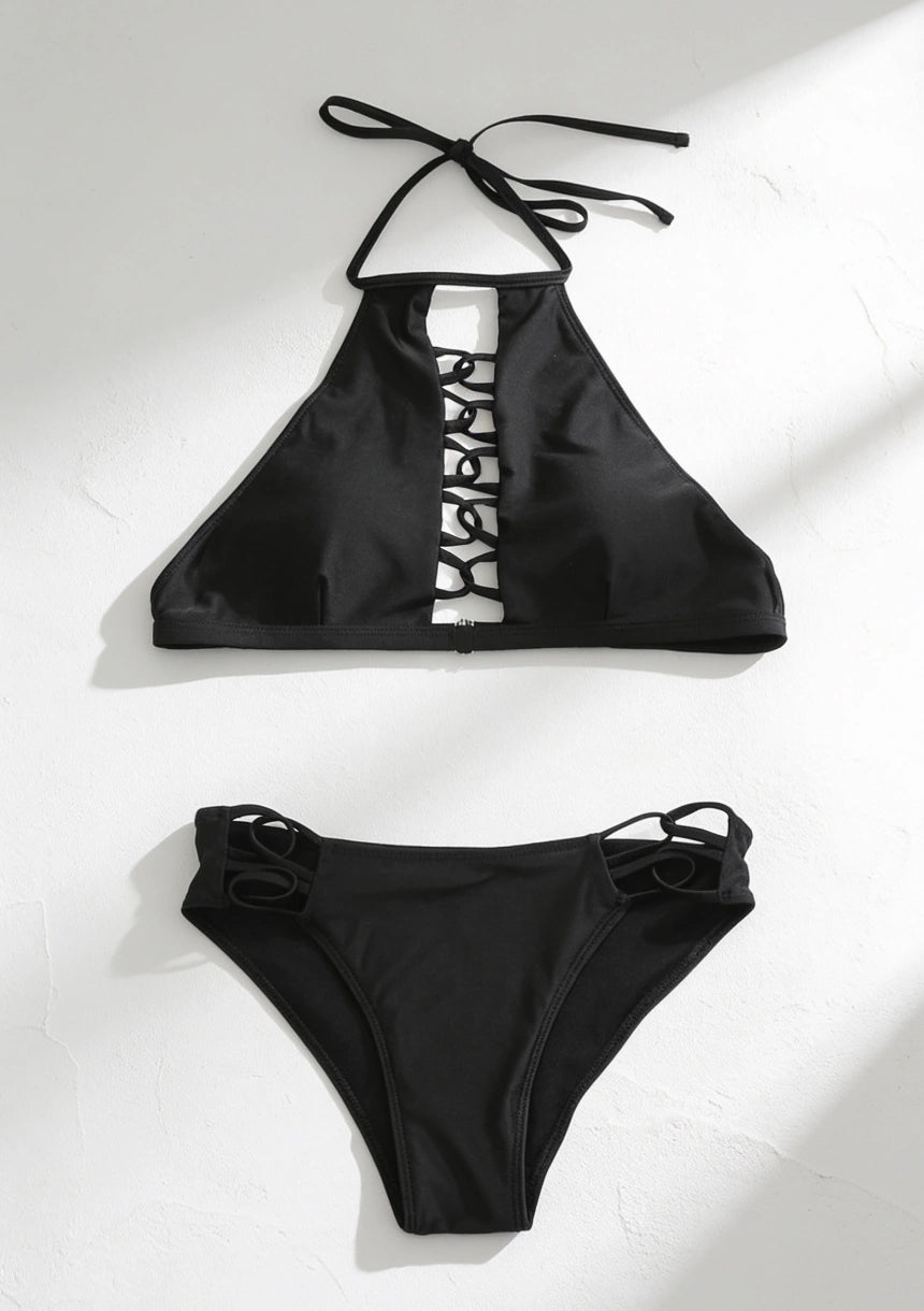 Czarny dwuczęściowy strój kąpielowy bikini z dekoltem halter