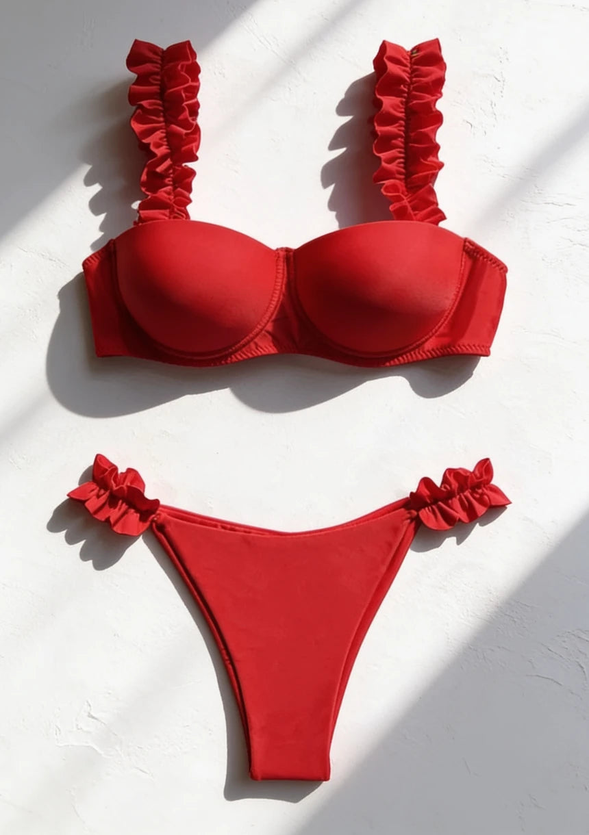 Dwuczęściowy strój kąpielowy bikini z falbankami