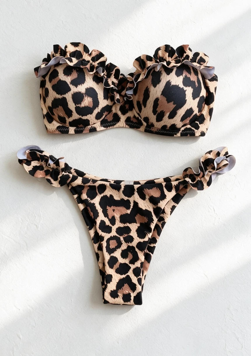 Dwuczęściowy strój kąpielowy bikini w panterkę z falbankami