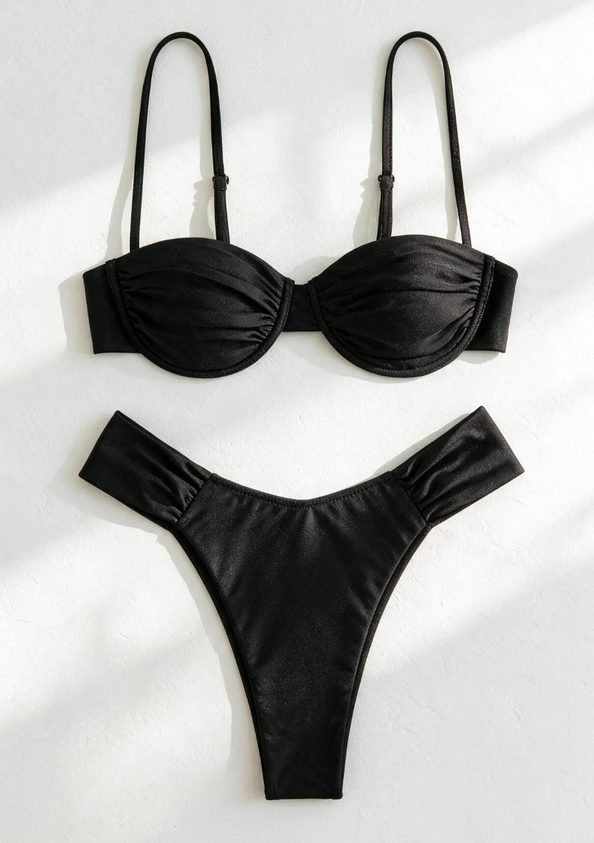 Dwuczęściowy strój kąpielowy bikini marszczony w jednolitym kolorze