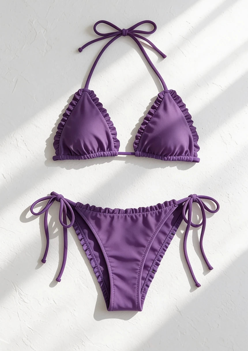 Wiązany dwuczęściowy strój kąpielowy bikini z drobnymi falbankami