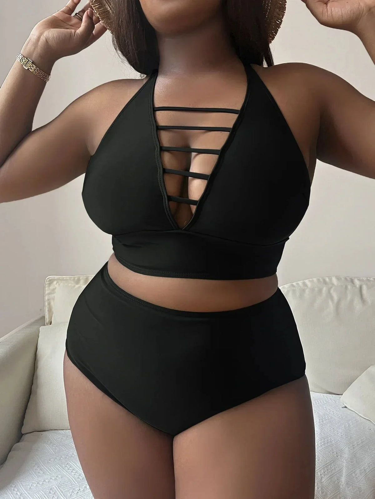Dwuczęściowy stój kąpielowy plus size z głębokim dekoltem