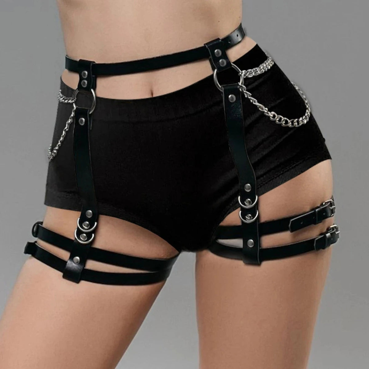 Czarny Harness na biodra z paskami na uda