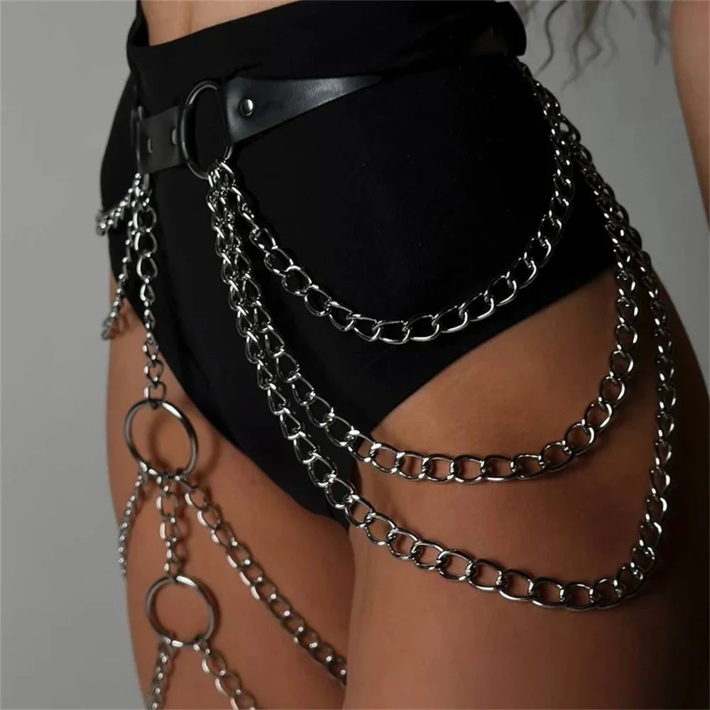 Czarny Harness na talię i udo z łańcuchami