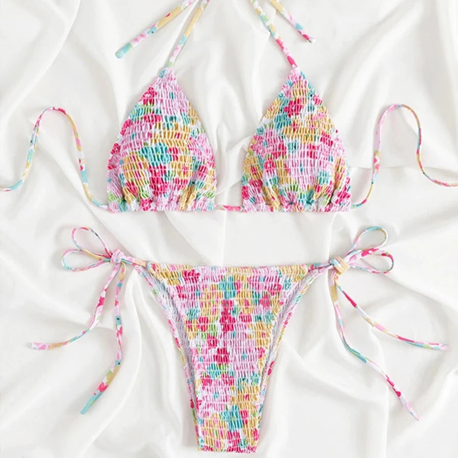  Dwuczęściowy strój kąpielowy bikini marszczony w kwiaty