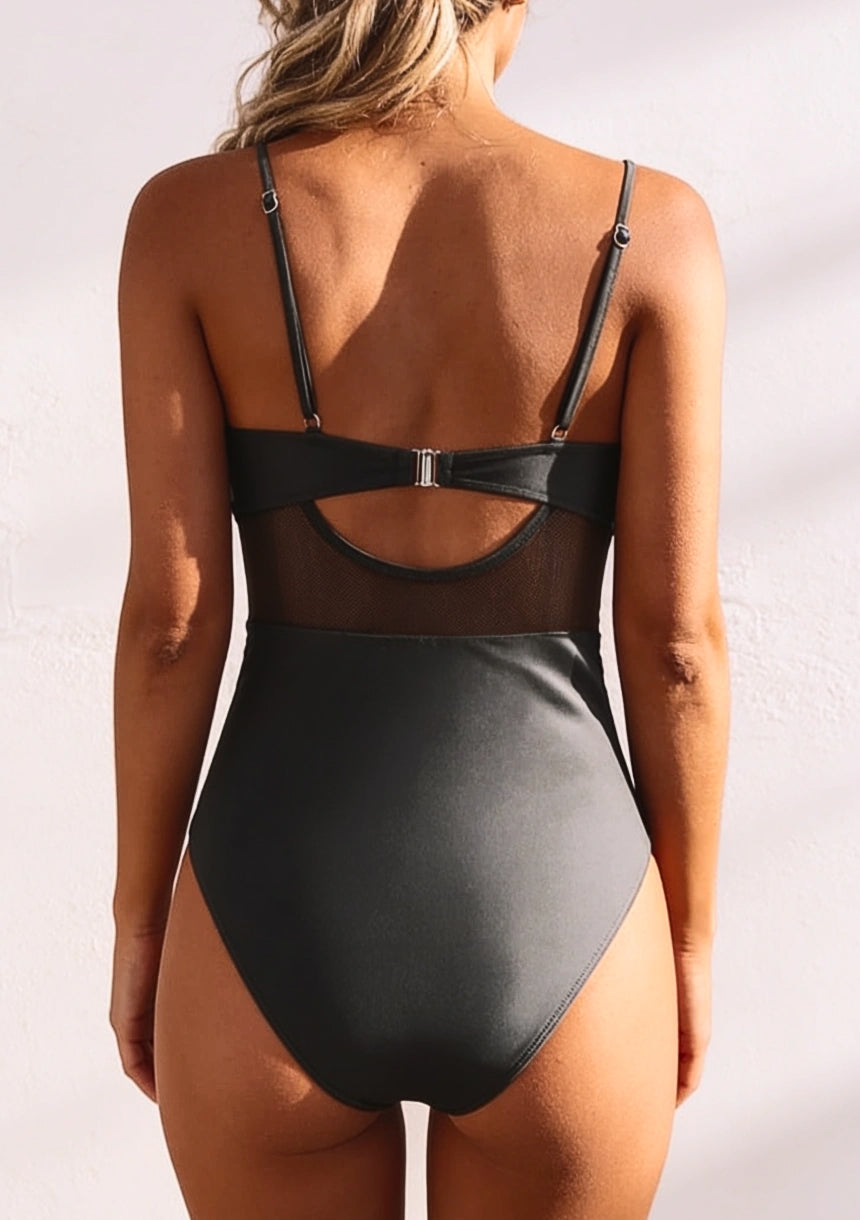 Monokini jednoczęściowy strój kąpielowy z siateczką na ramiączkach