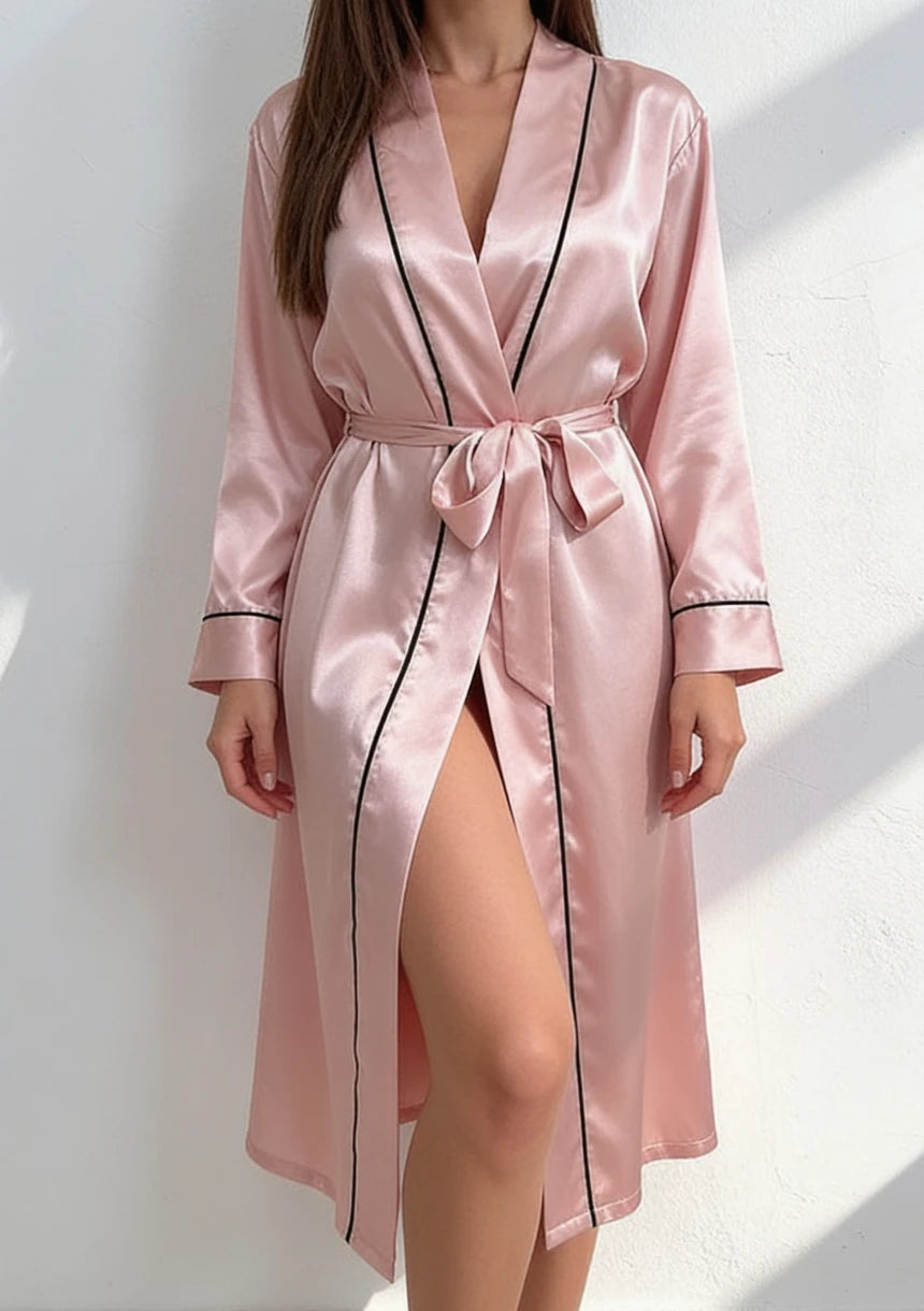 Długi satynowy szlafrok damski z kontrastowymi szwami