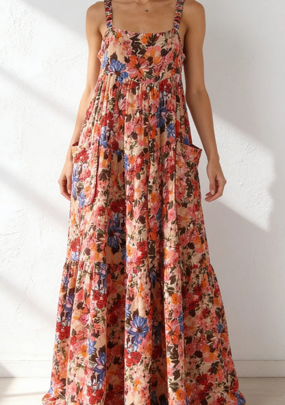 Luźna sukienka letnia maxi w kwiaty z kieszeniami