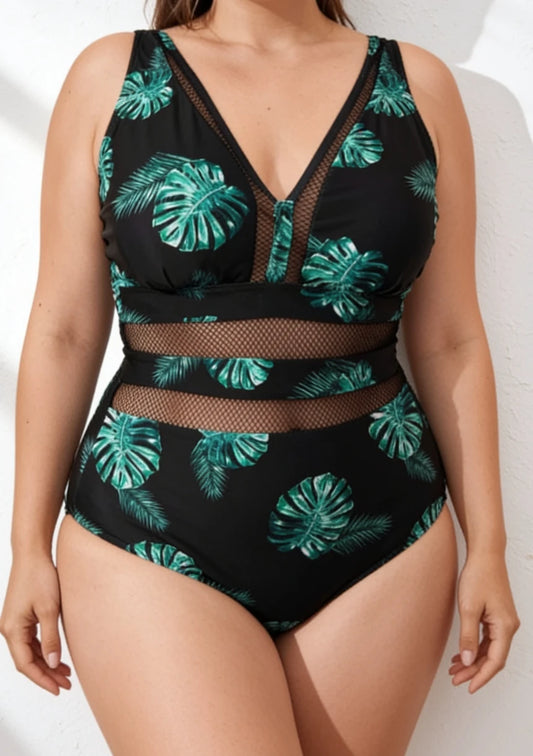 Klasyczny jednoczęściowy strój kąpielowy z siateczką plus size