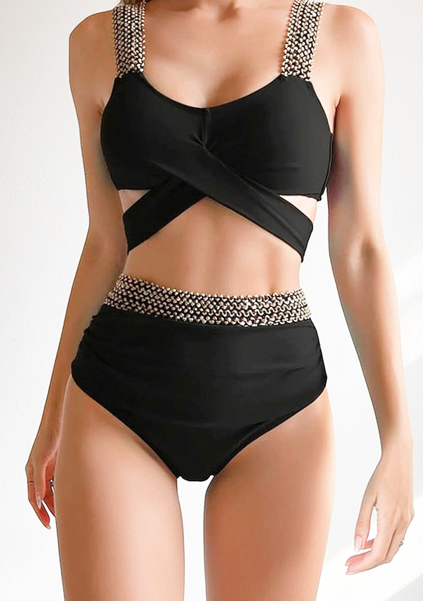 Dwuczęściowy strój kąpielowy bikini z wysokim stanem i wiązaniem