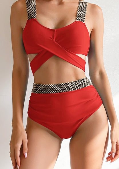 Dwuczęściowy strój kąpielowy bikini z wysokim stanem i wiązaniem