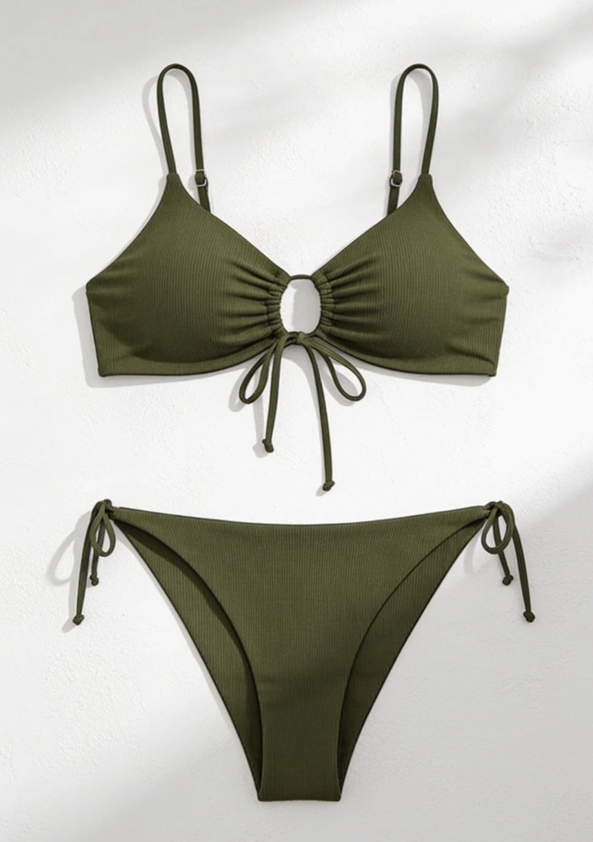 Prążkowany dwuczęściowy strój kąpielowy bikini w jednolitym kolorze