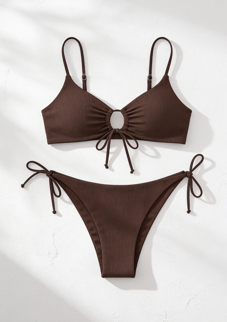 Prążkowany dwuczęściowy strój kąpielowy bikini w jednolitym kolorze