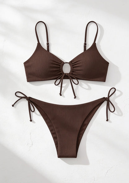 Prążkowany dwuczęściowy strój kąpielowy bikini w jednolitym kolorze