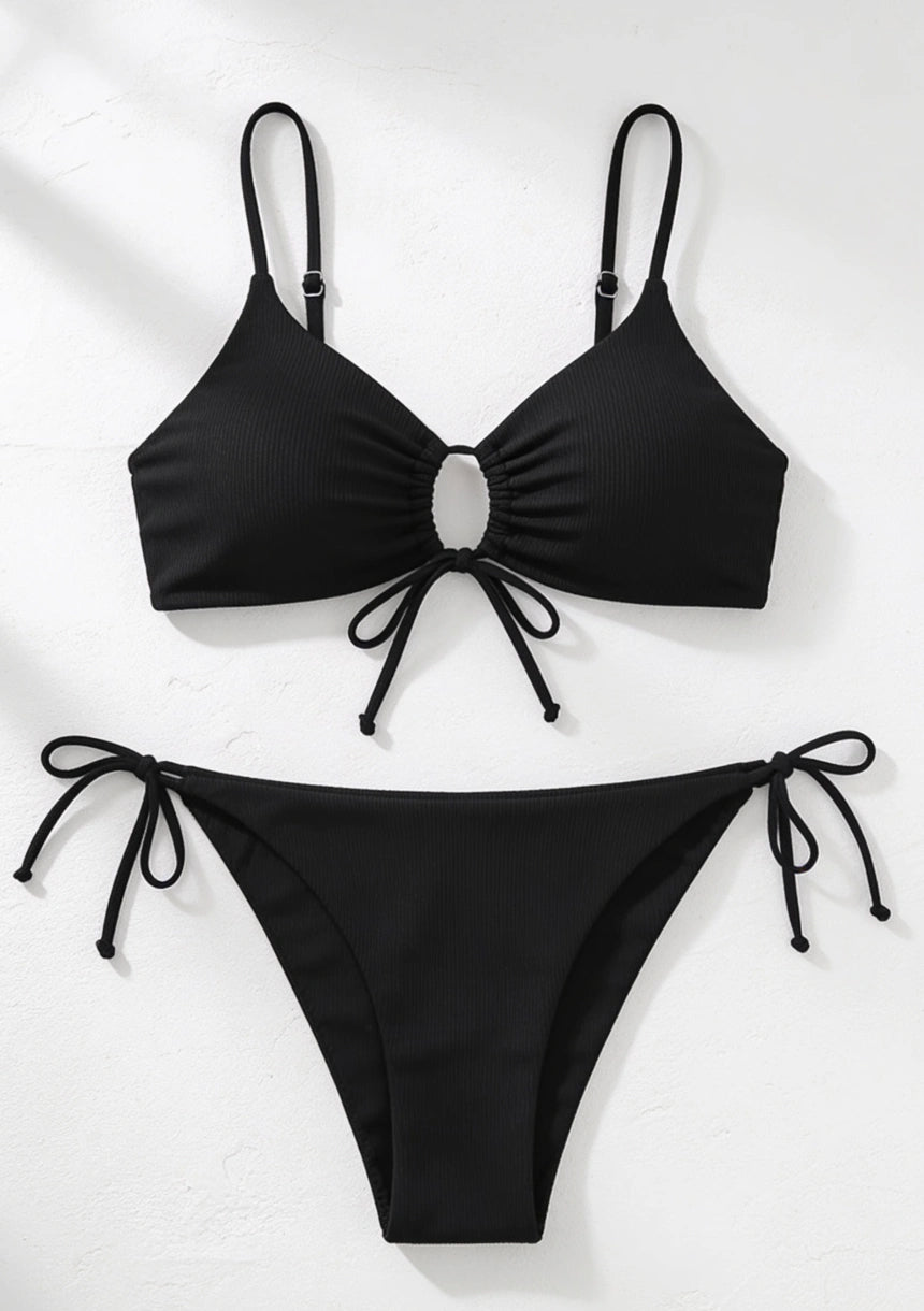 Prążkowany dwuczęściowy strój kąpielowy bikini w jednolitym kolorze