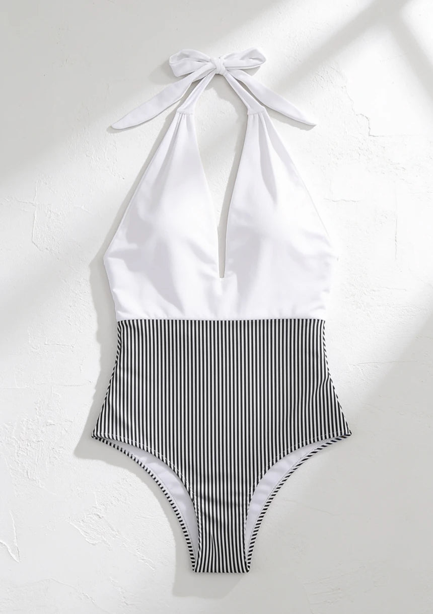 Monokini dwukolorowy jednoczęściowy strój kąpielowy wiązany na szyi