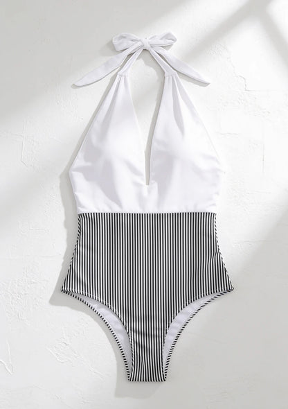 Monokini dwukolorowy jednoczęściowy strój kąpielowy wiązany na szyi