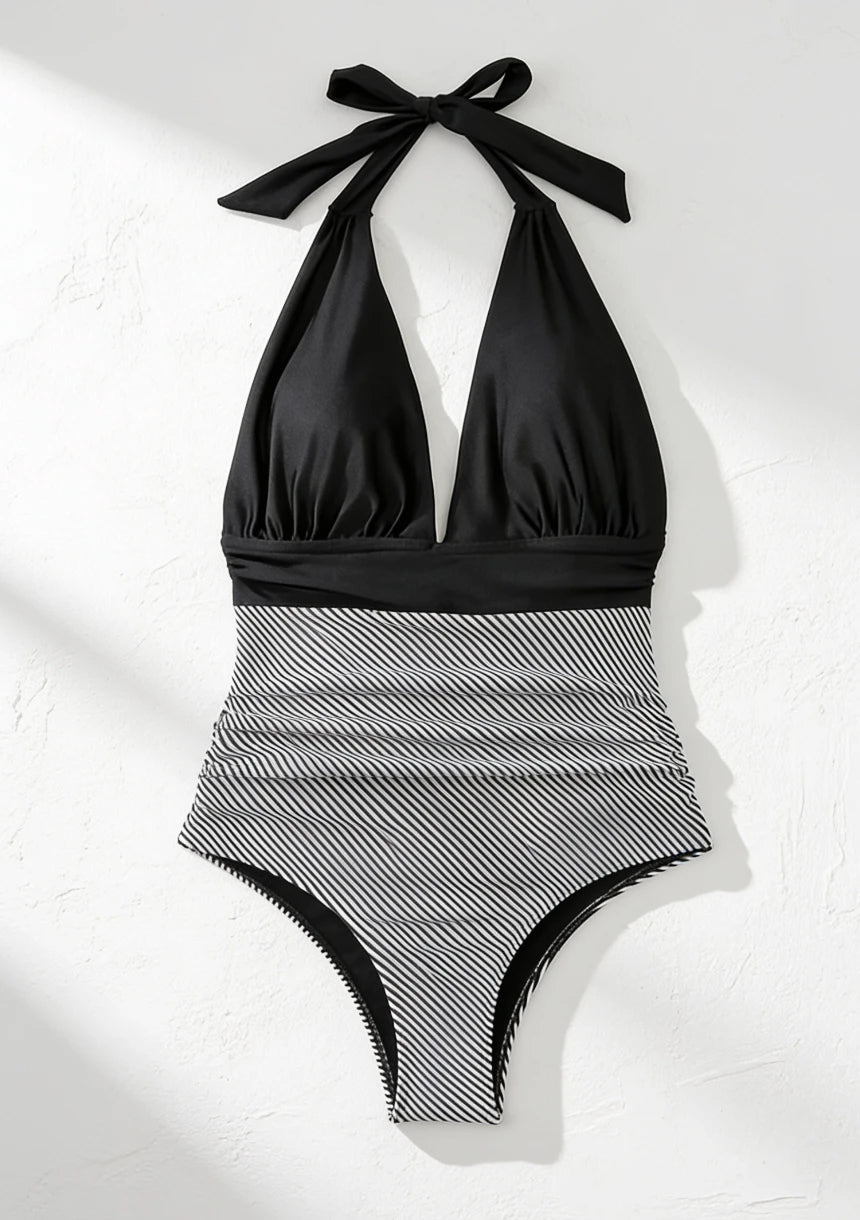 Monokini dwukolorowy jednoczęściowy strój kąpielowy wiązany na szyi