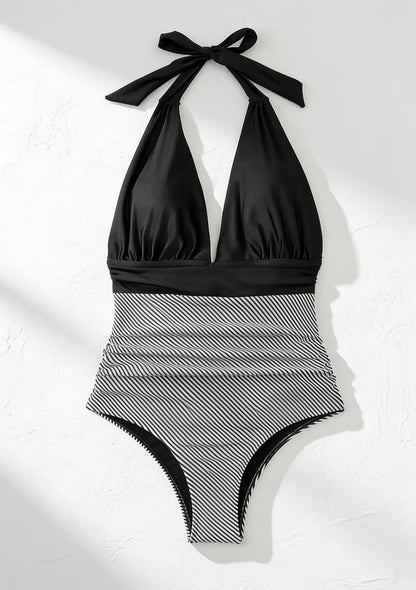 Monokini dwukolorowy jednoczęściowy strój kąpielowy wiązany na szyi