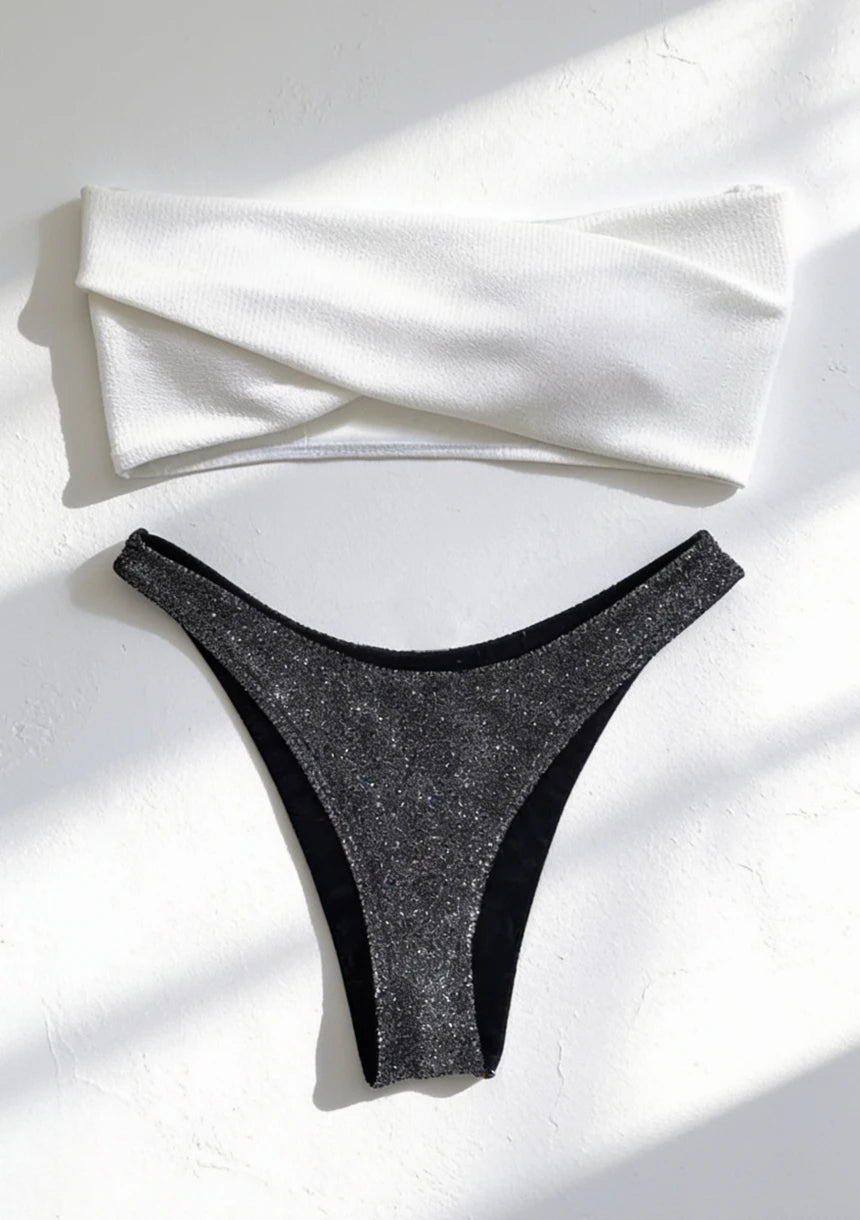 Błyszczący dwuczęściowy strój kąpielowy bikini typu bandeau