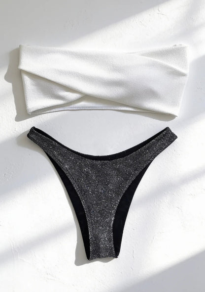 Błyszczący dwuczęściowy strój kąpielowy bikini typu bandeau