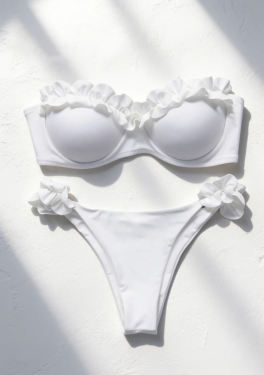 Dwuczęściowy strój kąpielowy bikini z ozdobną falbanką