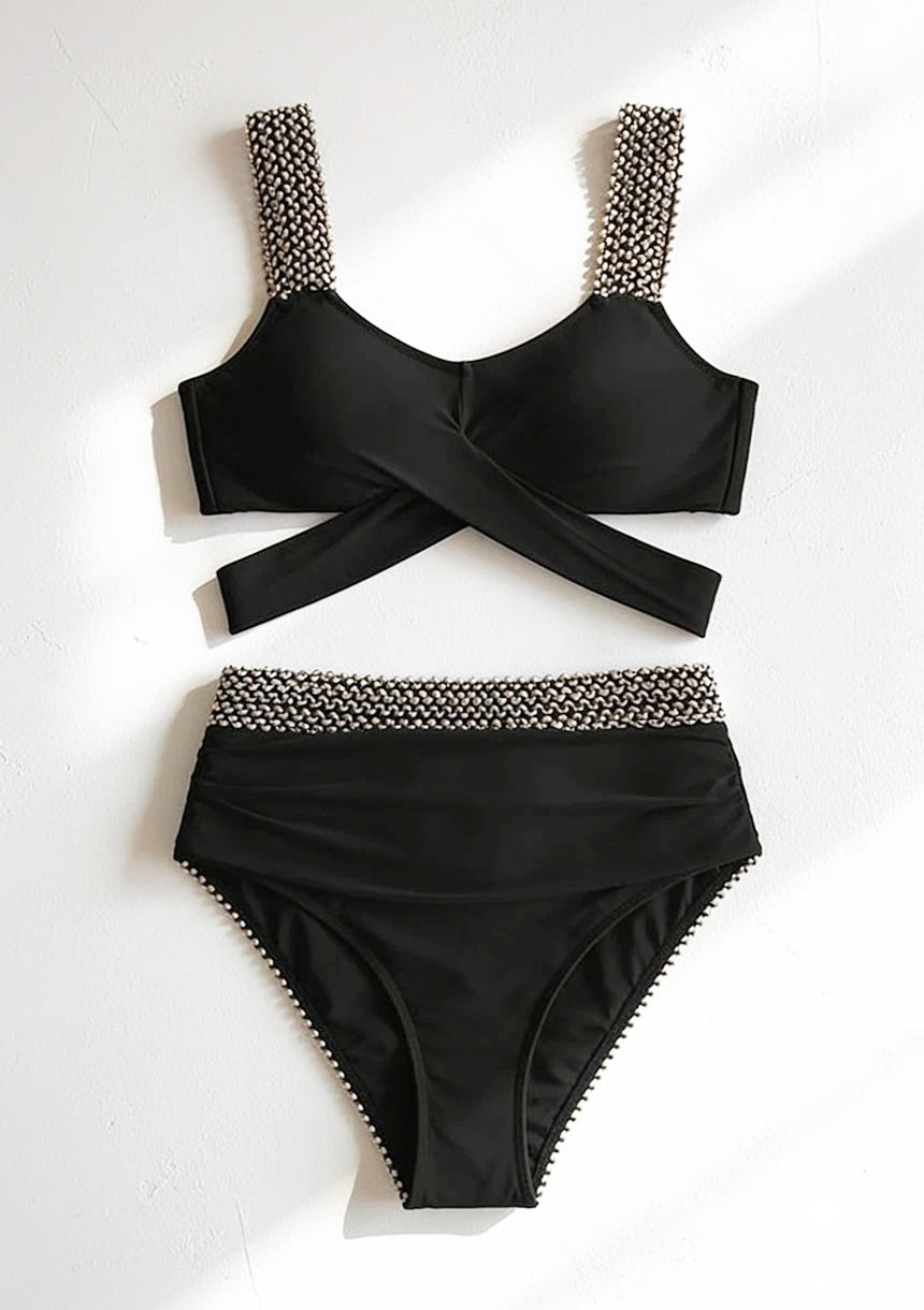 Dwuczęściowy strój kąpielowy bikini z wysokim stanem i wiązaniem