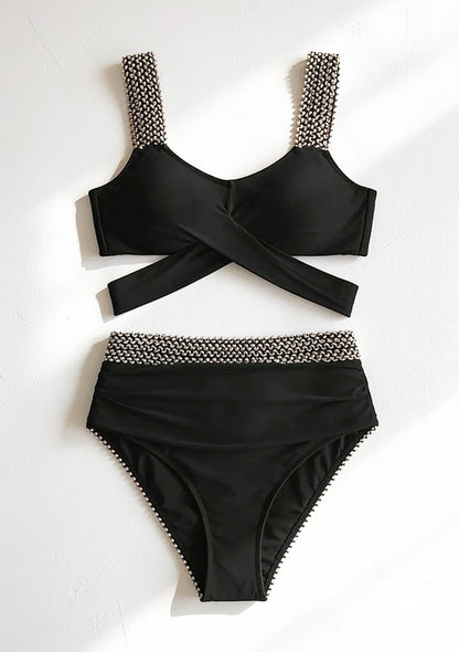 Dwuczęściowy strój kąpielowy bikini z wysokim stanem i wiązaniem