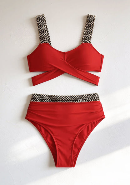 Dwuczęściowy strój kąpielowy bikini z wysokim stanem i wiązaniem