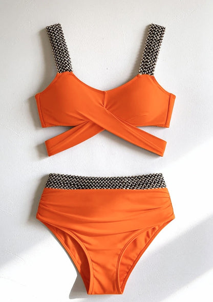 Dwuczęściowy strój kąpielowy bikini z wysokim stanem i wiązaniem