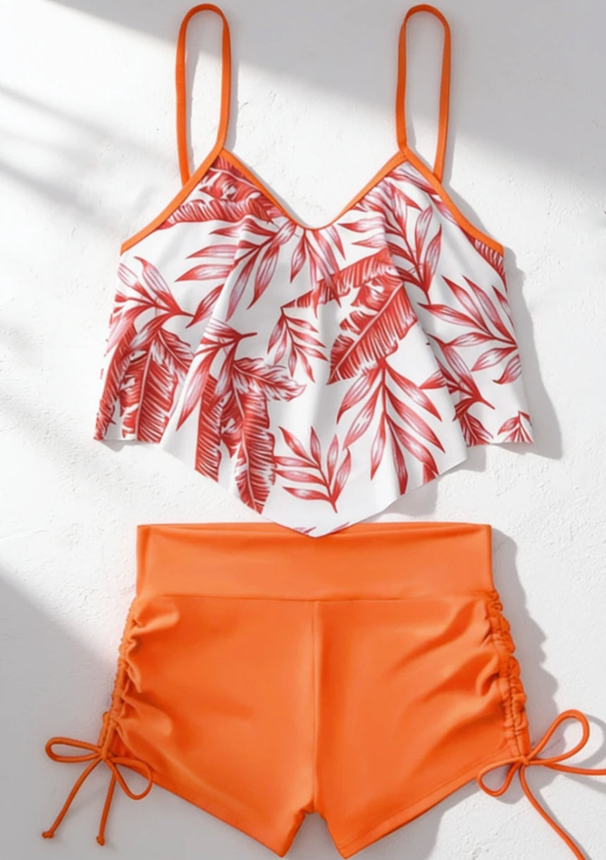 Dwuczęściowy strój kąpielowy tankini z szortami i topem w liście