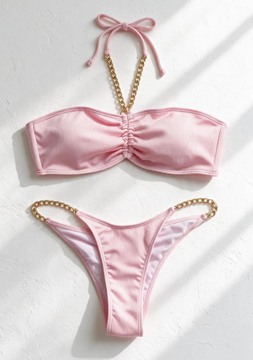 Dwuczęściowy strój kąpielowy bikini typu bandeau w jednolitym kolorze