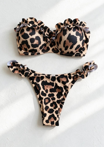 Dwuczęściowy strój kąpielowy bikini w panterkę z falbankami