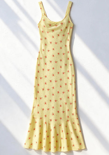Żółta sukienka letnia maxi w drobne kwiaty