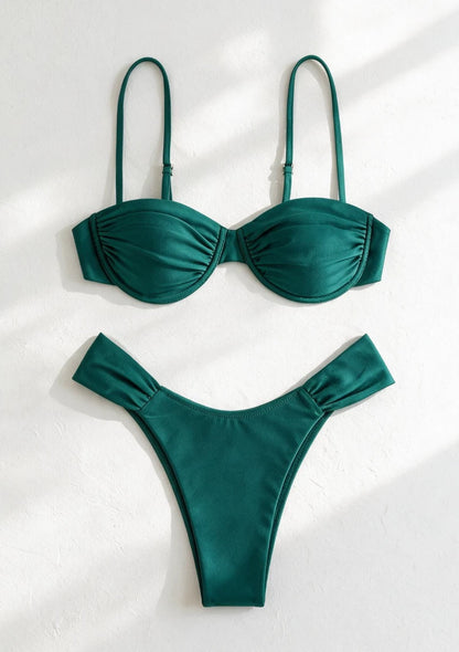 Dwuczęściowy strój kąpielowy bikini marszczony w jednolitym kolorze