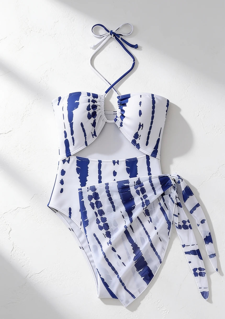 Monokini jednoczęściowy strój kąpielowy wiązany na szyi z chustą