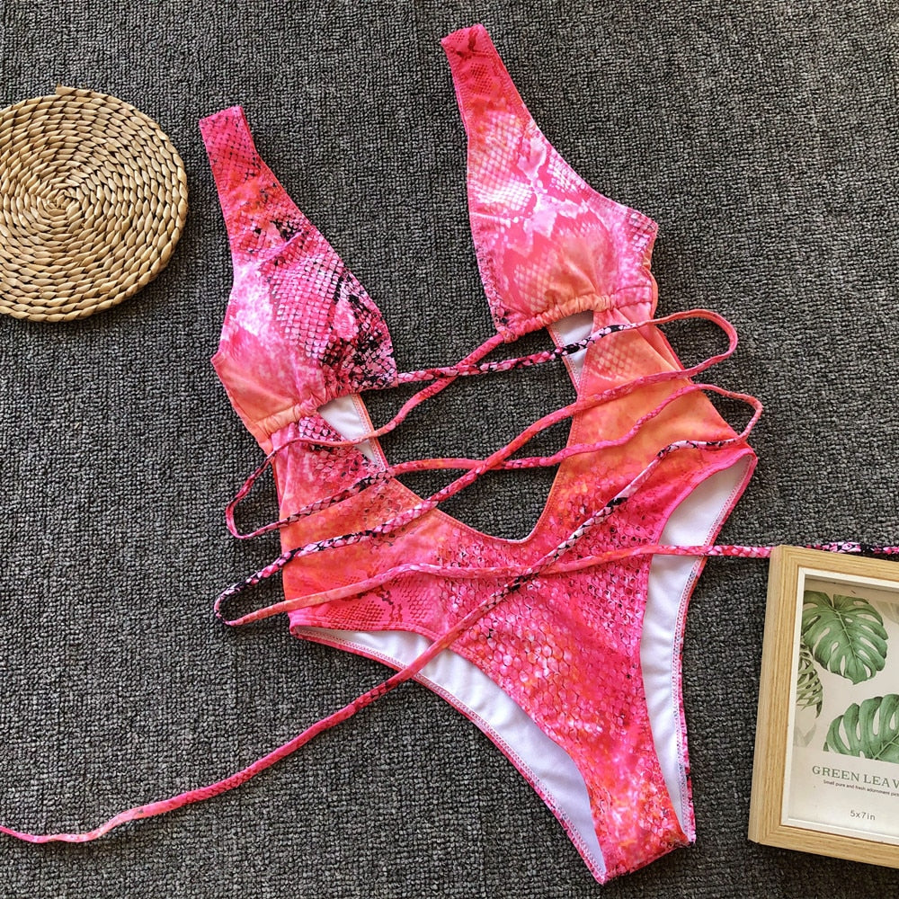  Monokini jednoczęściowy strój kąpielowy w wężowy wzór