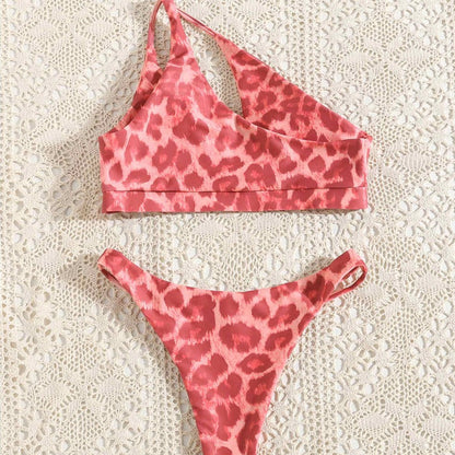  Różowy dwuczęściowy strój kąpielowy bikini na jedno ramię w panterkę