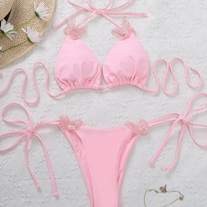  Różowy dwuczęściowy strój kąpielowy bikini z motylkami